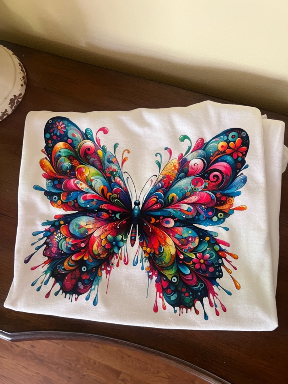 <Gildan White Tee with Vibrant Butterfly>